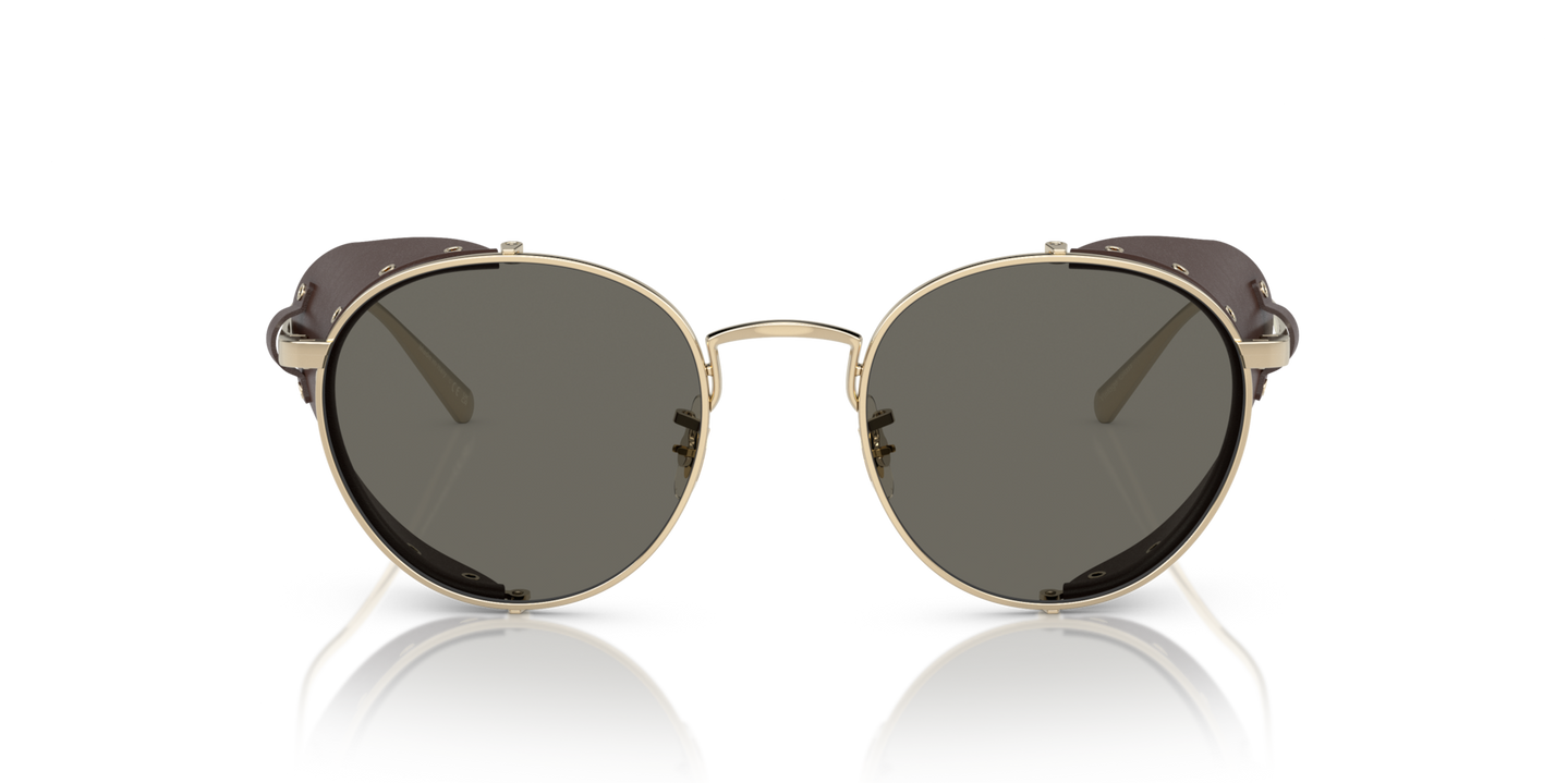 Oliver Peoples Cesarino-L with Gold/Sequoia Leather frame and Grey lenses - Image Lenses