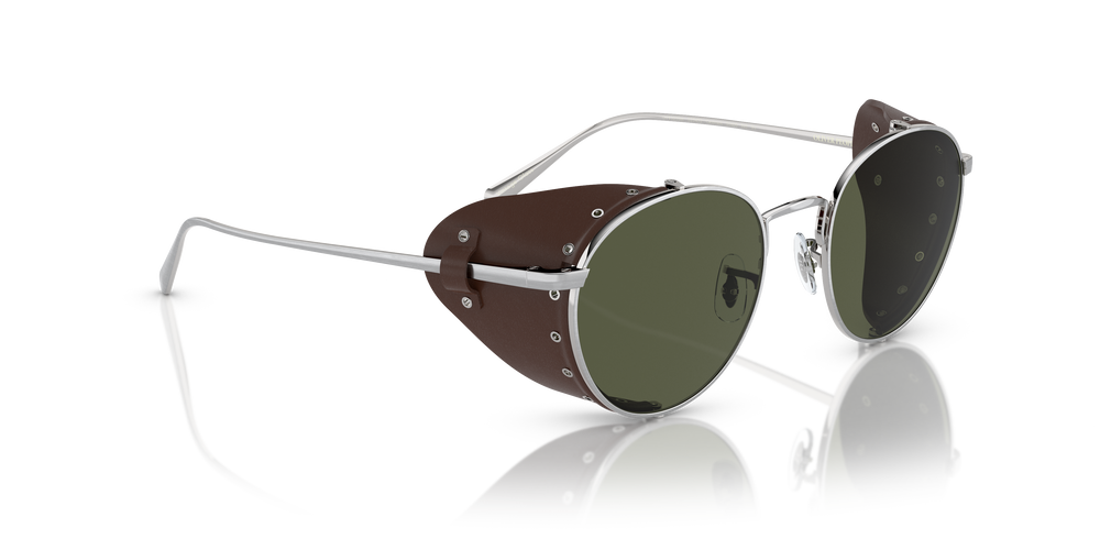 Sie Oliver Peoples Cesarino-L mit Brushed Silver/Sequoia Leather Gestell und Grün Gläsern - Bild 3