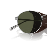 Sie Oliver Peoples Cesarino-L mit Brushed Silver/Sequoia Leather Gestell und Grün Gläsern - Variant