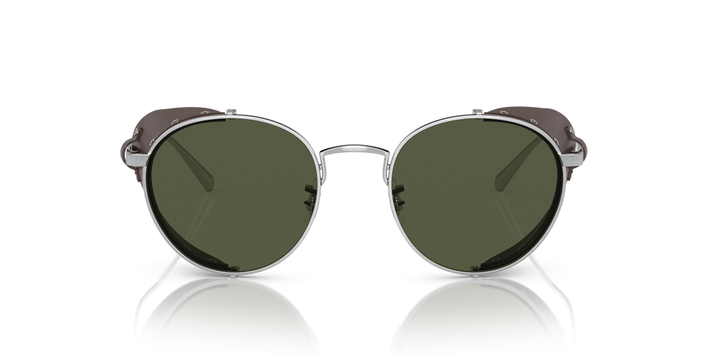 Oliver Peoples Cesarino-L with Brushed Silver/Sequoia Leather frame and Green lenses - Image 2