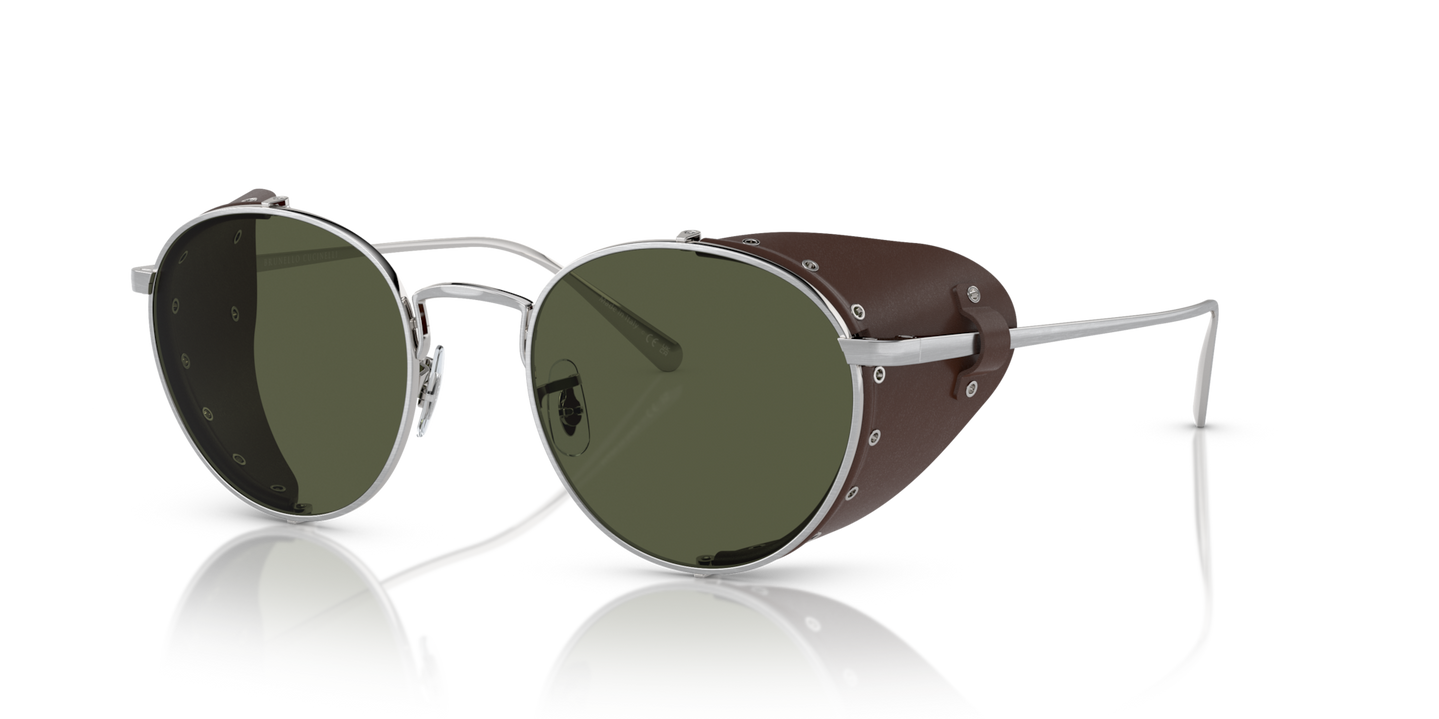 Oliver Peoples Cesarino-L avec une monture Brushed Silver/Sequoia Leather et des verres Vert - Image Écran latéral