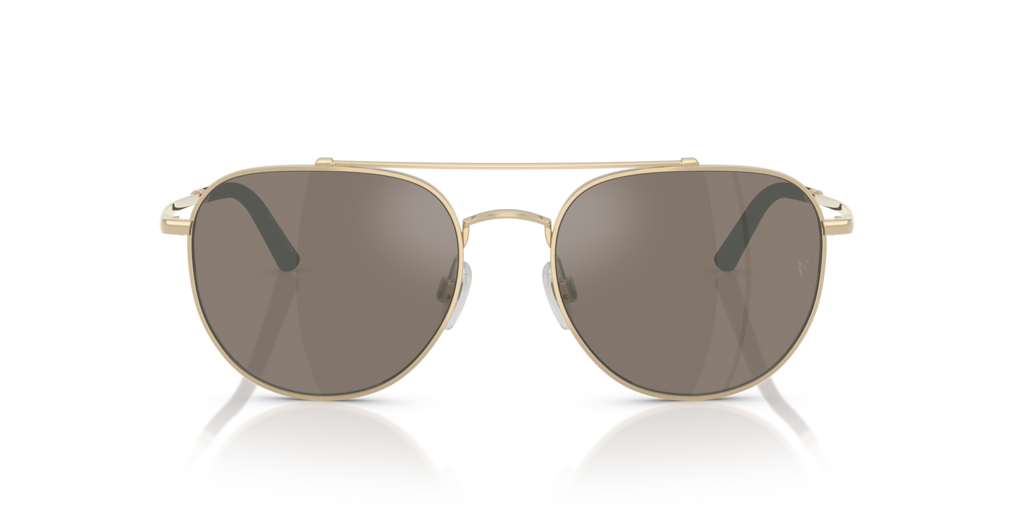 Oliver Peoples R-10 with Gold frame and Brown lenses - Image Roger Federer Lens Logo