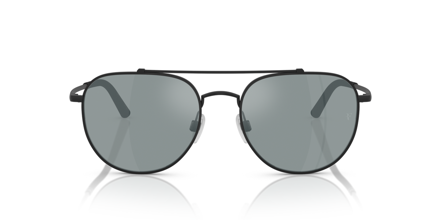 Oliver Peoples R-10 with Matte Black frame and Brown lenses - Image Roger Federer Lens Logo