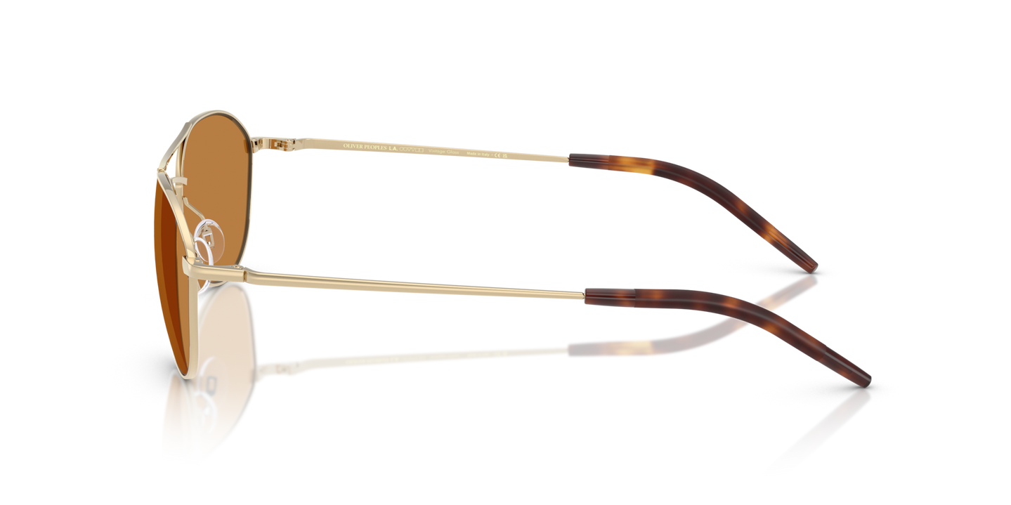 Oliver Peoples Aero II with Gold frame and Brown lenses - Image Temple Tip