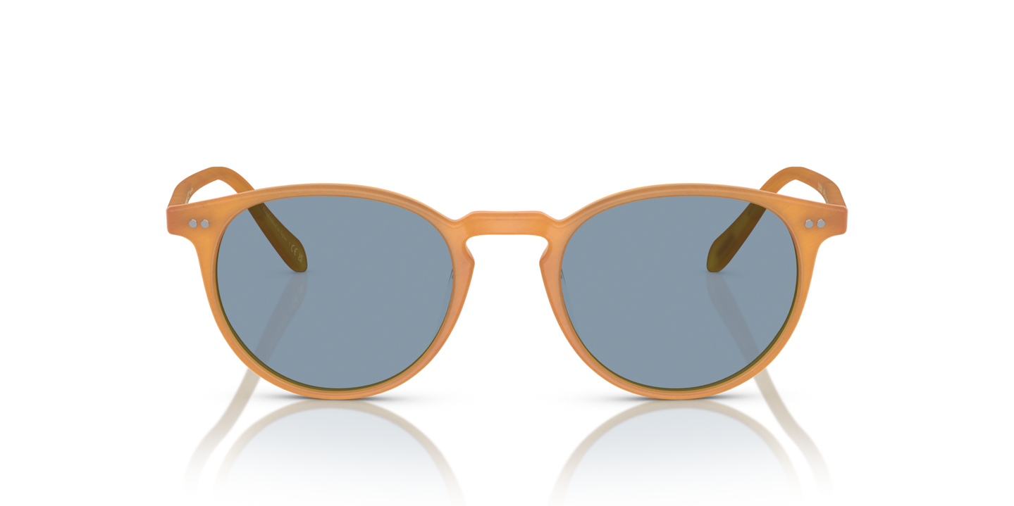 Oliver Peoples Riley Sun con montura Ámbar semimate y tortuga y lentes Azul - Imagen Lentes