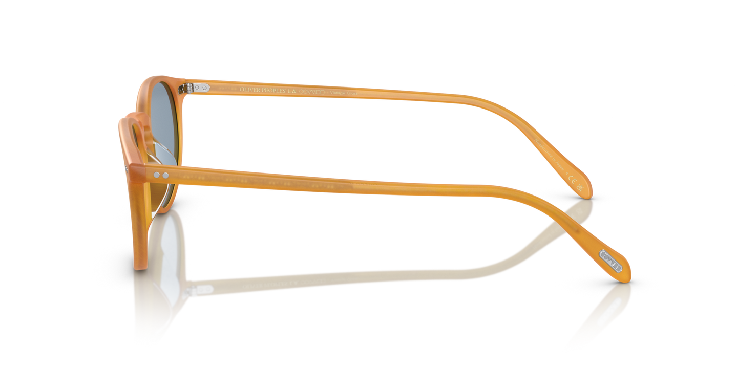 Oliver Peoples Riley Sun with Semi-Matte Amber Tortoise frame and Blue lenses - Image Genuine Pins