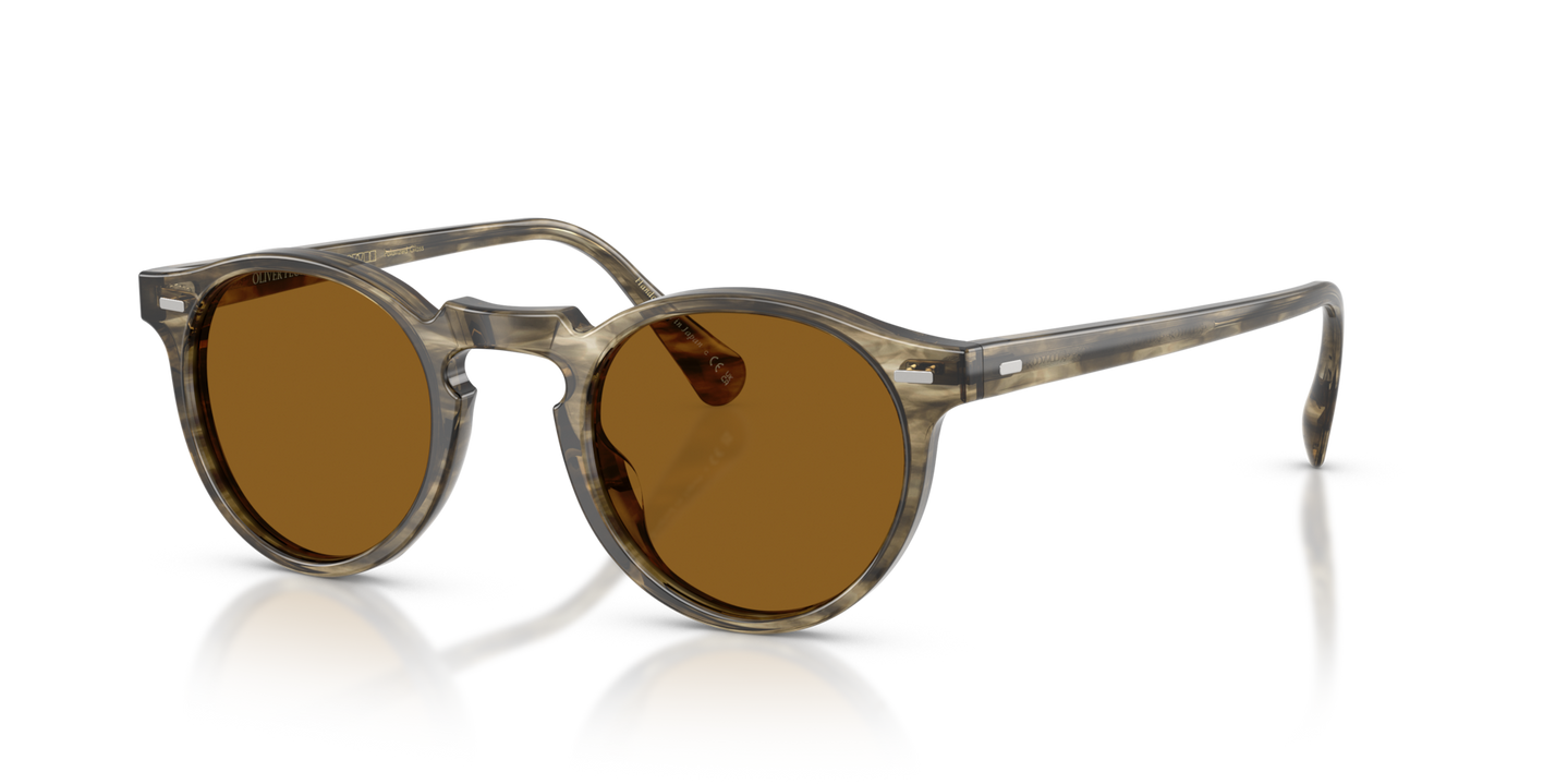 Sie Oliver Peoples Gregory Peck Sun mit Soft Olivgrün Bark Gestell und Braun Gläsern - Bild Plättchen