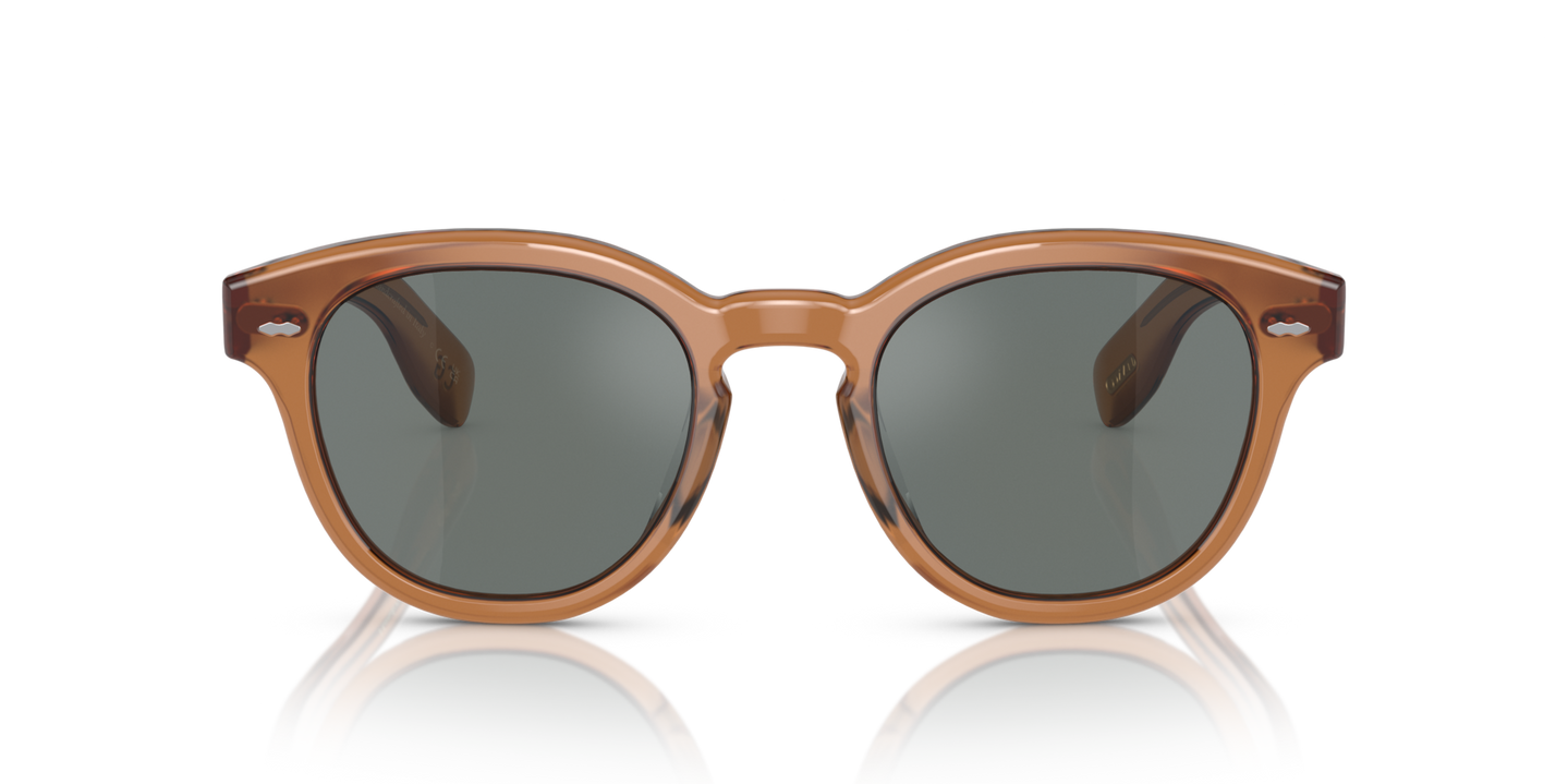 Oliver Peoples Cary Grant Sun avec une monture Carob et des verres Bleu - Image Matériau