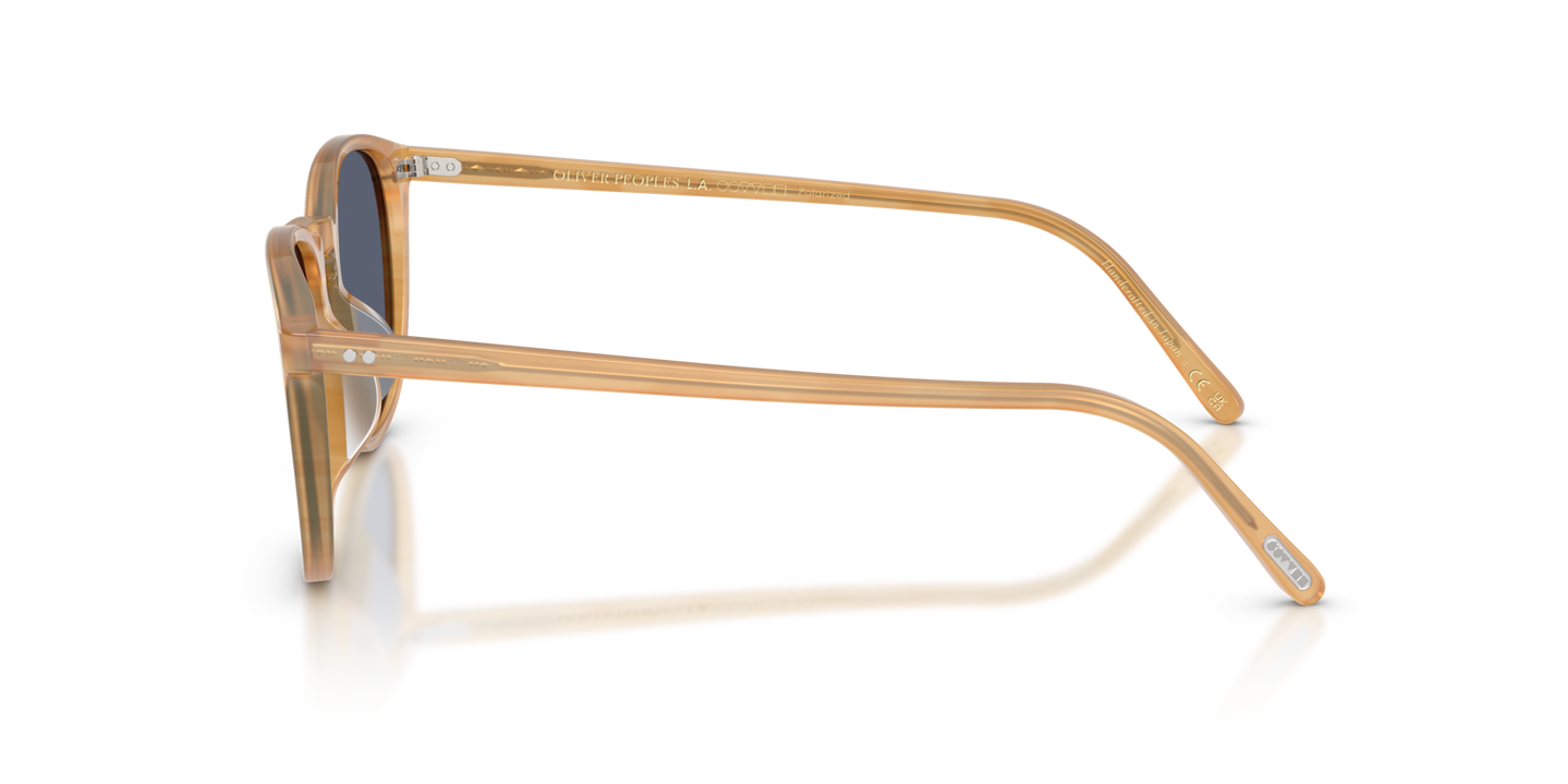 Oliver Peoples Forman L.A Exclusive with Semi-Matte Goldwood frame and Blue lenses - Image Oliver Peoples Logo
