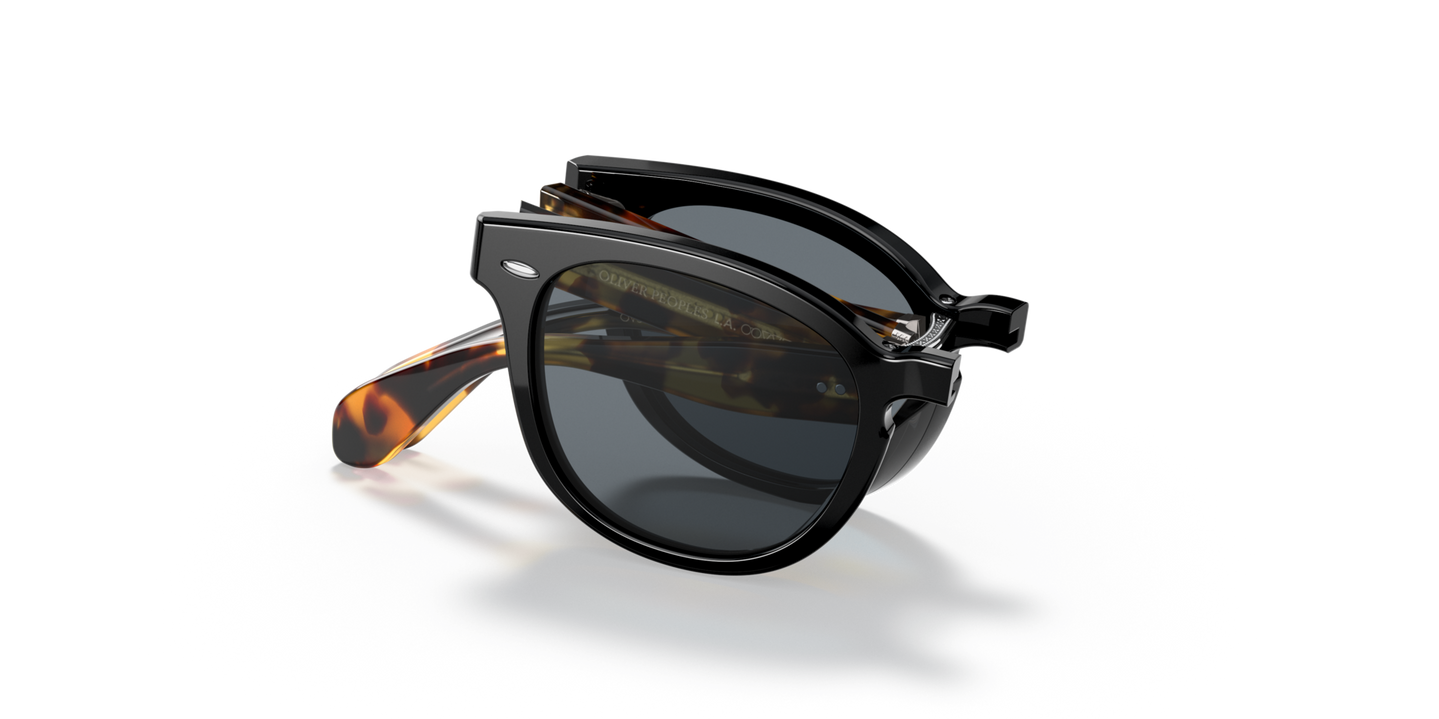 Sie Oliver Peoples Sheldrake 1950 Exclusive mit Black/YTB Gestell und Blau Gläsern - Bild Zusammenklappbar