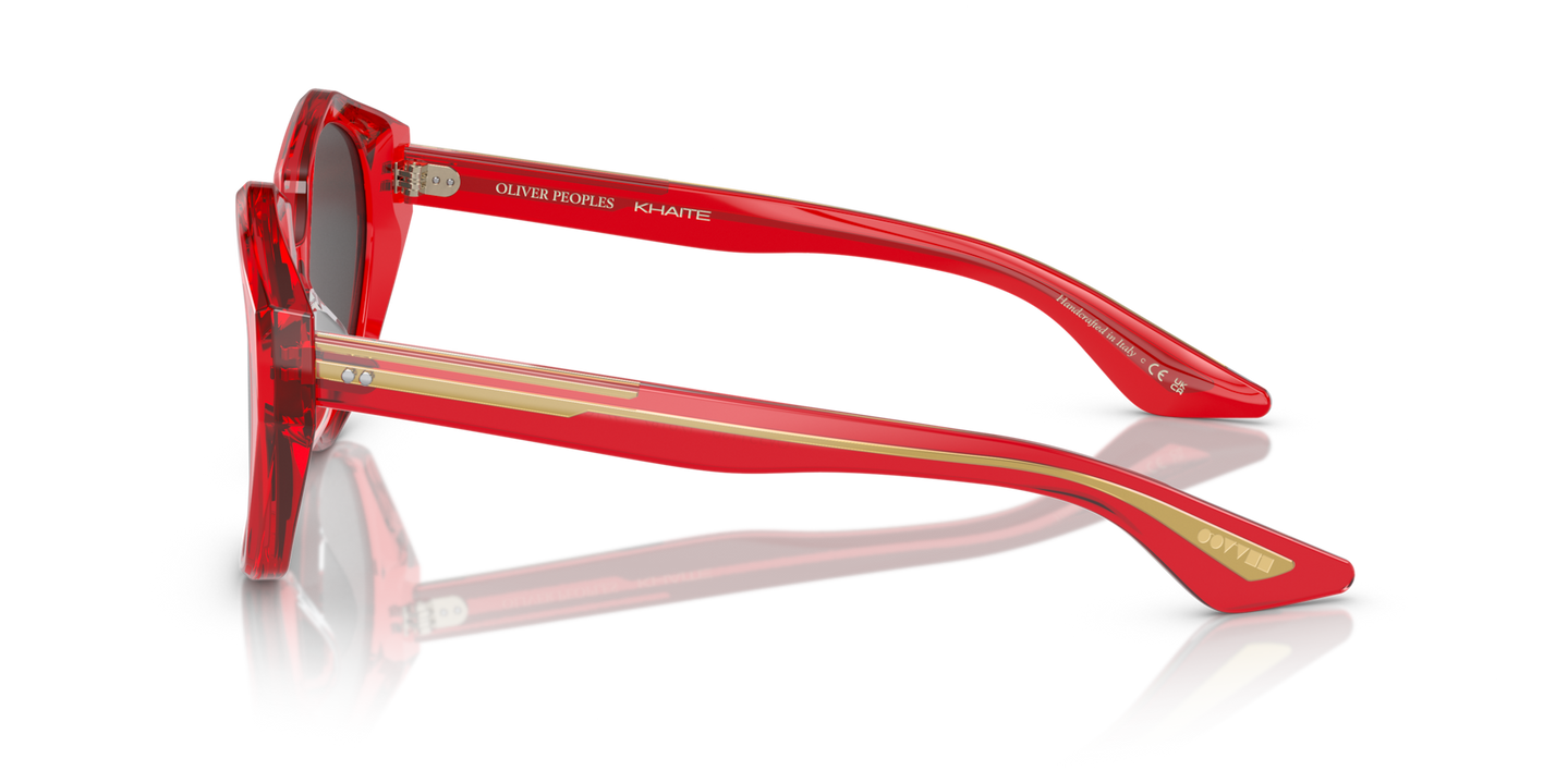 Oliver Peoples 1971C avec une monture Rouge translucide et des verres Gris - Image Matériau