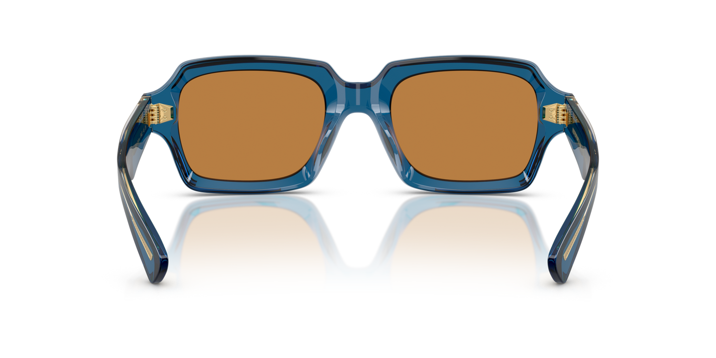 Sie Oliver Peoples Devaney 18k mit Blau durchsichtig Gestell und Braun Gläsern - Bild Stegplättchen