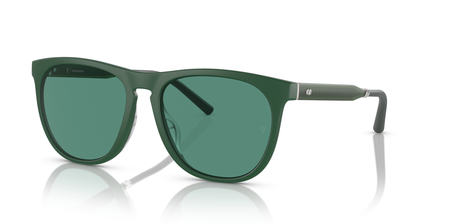 Oliver Peoples R-1 with Semi-Matte Ryegrass frame and Green lenses - Image Metal Plaque