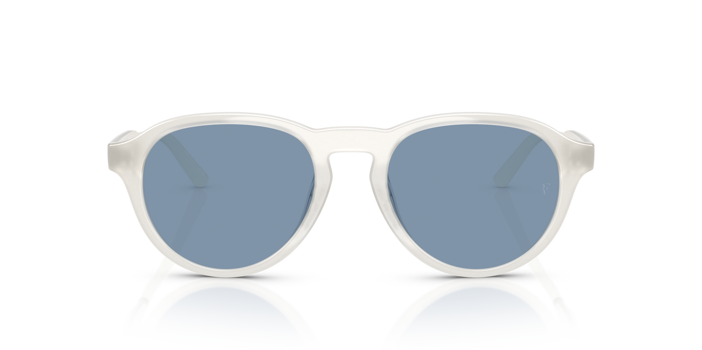 Sie Oliver Peoples R-8 mit Weiß warm Gestell und Blau Gläsern - Bild Premium-Material