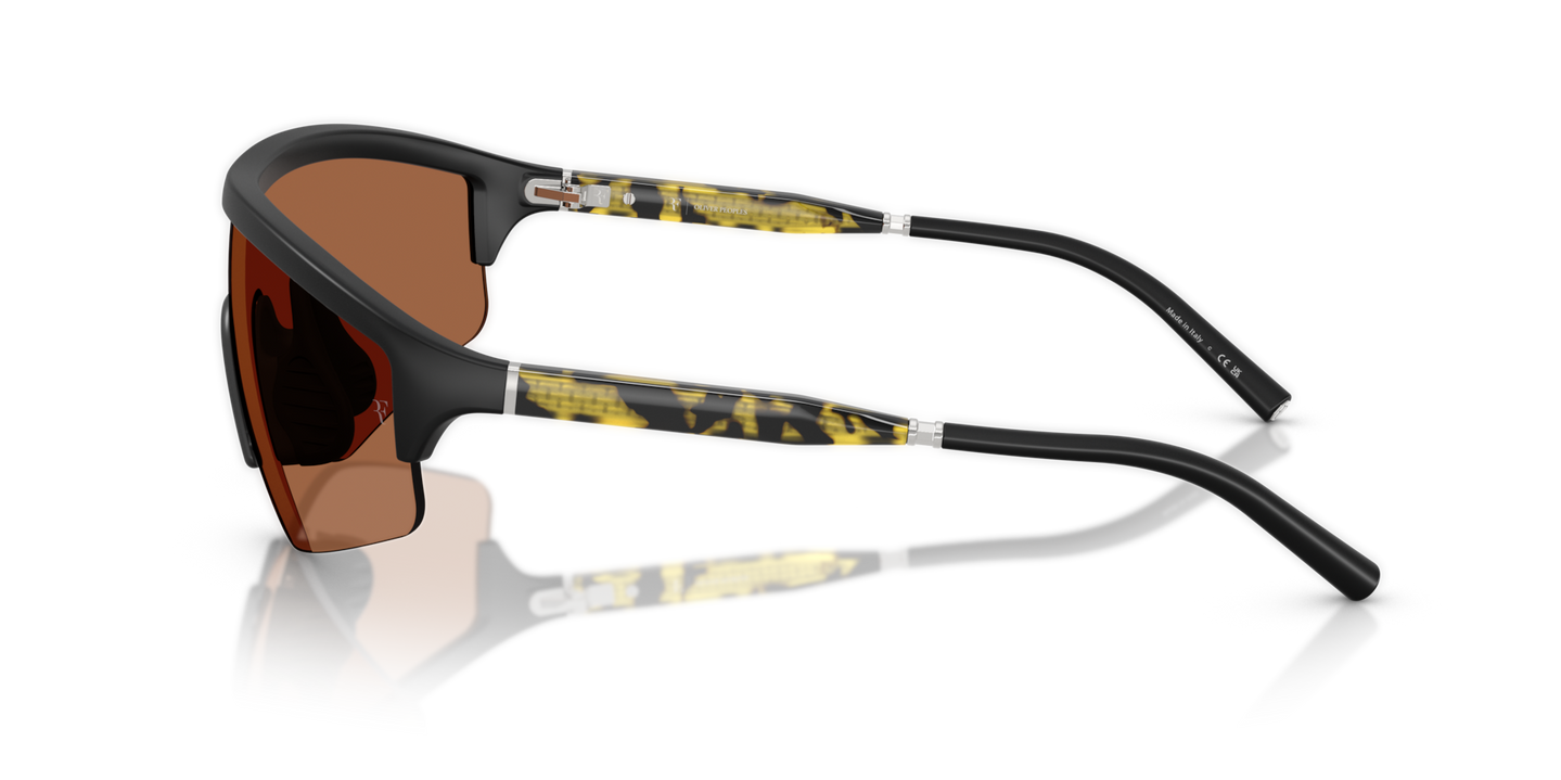 Oliver Peoples R-7 with Semi-matte Black frame and Orange lenses - Image Acetate Temple