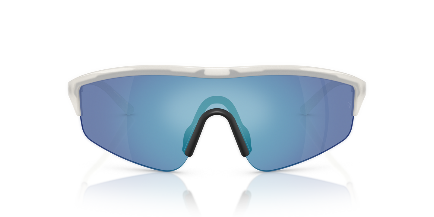 Sie Oliver Peoples R-7 mit Weiß warm Gestell und Blau Gläsern - Bild Premium-Material