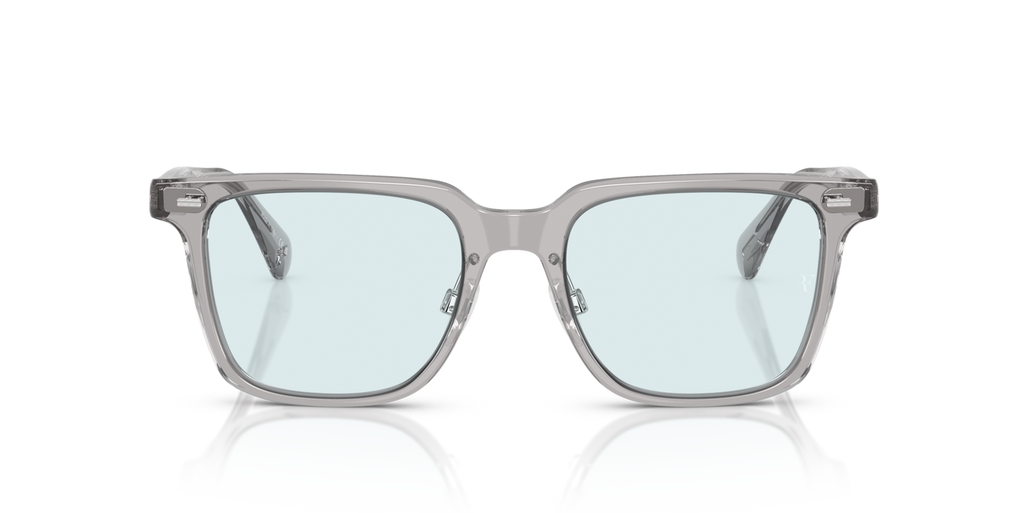 Oliver Peoples Mr. Federer II with Workman Grey frame and Blue lenses - Image Roger Federer Lens Logo