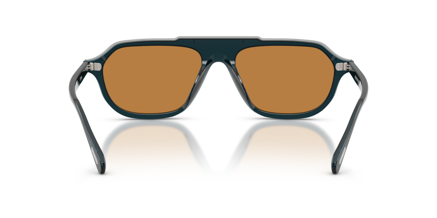 Sie Oliver Peoples Estin mit Midnight Teal Gestell und Braun Gläsern - Bild Stegplättchen