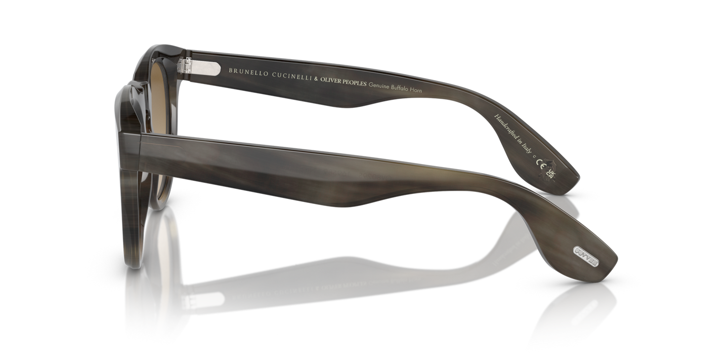 Sie Oliver Peoples Nino Horn mit Hellbraun Horn Gestell und Braun Gläsern - Bild Oliver Peoples Logo